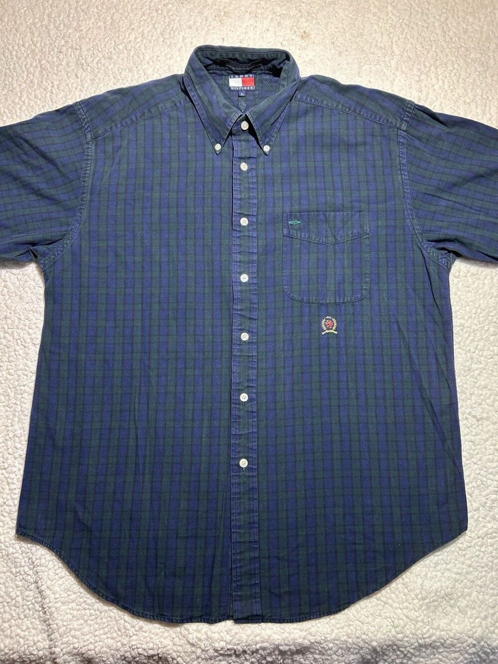Vtg 90s Tommy Hilfiger Black Watch Plaid Shirt Mens L Crest Logo Long Sleeve LS